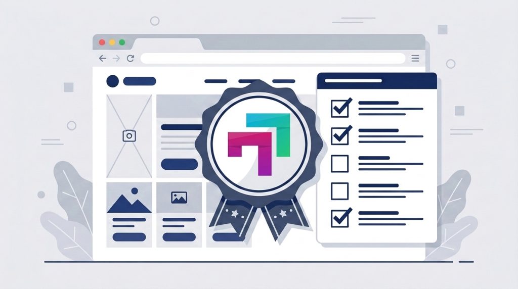 Ilustrasi 3D dashboard website perusahaan profesional dengan elemen checklist dan grafik pertumbuhan bisnis oleh Transisi Digital