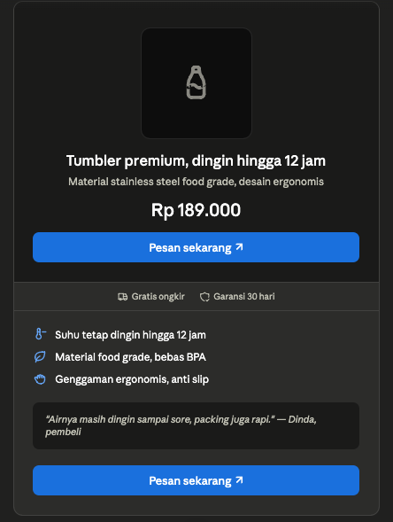 Contoh tata letak landing page satu halaman untuk penjualan tumbler premium dengan satu tombol pesan sekarang