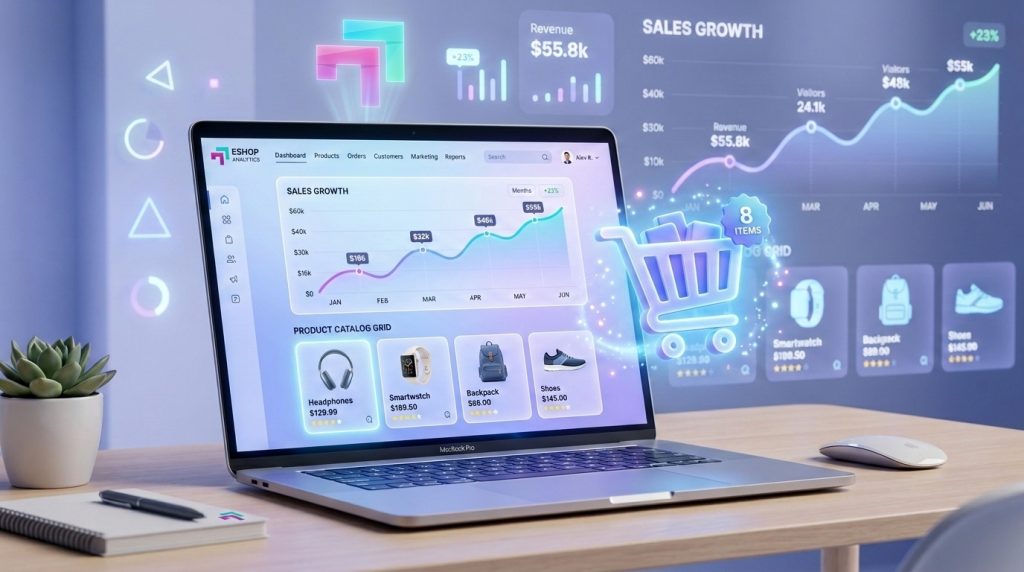 Ilustrasi dashboard website e-commerce dengan grafik pertumbuhan penjualan oleh Transisi Digital