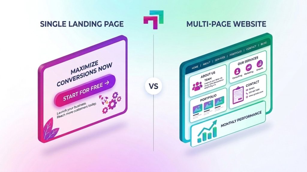 Ilustrasi 3D dashboard perbandingan landing page dan website company profile untuk bisnis