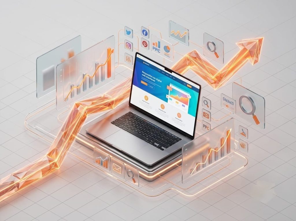 Visualisasi 3D dashboard analitik website dan grafik pertumbuhan bisnis digital oleh Transisi Digital