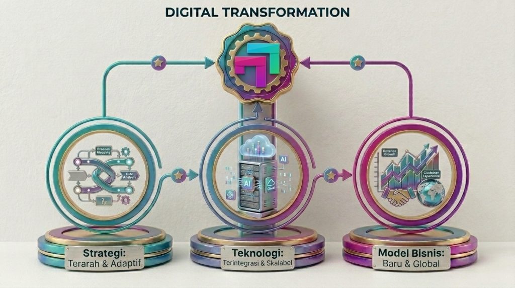 Ilustrasi 3D paket website dengan domain, hosting unlimited, dan maintenance gratis 1 tahun dari Transisi Digital