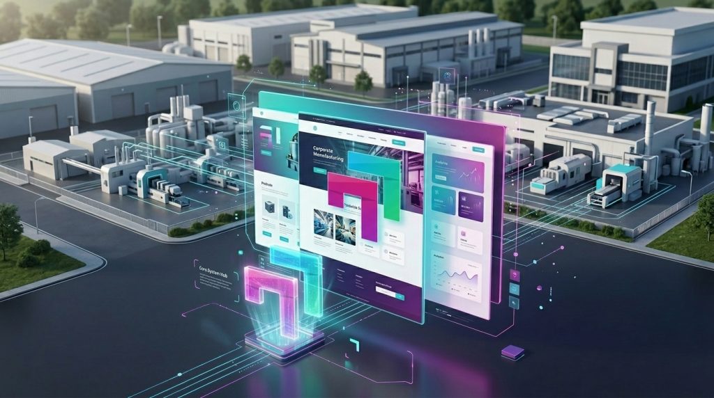 Ilustrasi gedung industri Tangerang terhubung dengan elemen digital, representasi jasa pembuatan website oleh Transisi Digital