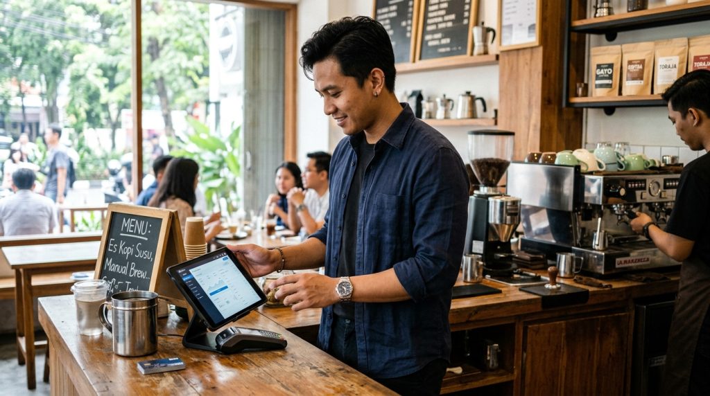 UMKM adalah usaha dengan omzet besar, ilustrasi pemilik coffee shop muda mengecek penjualan lewat tablet