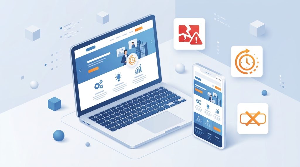 Ilustrasi 3D website UMKM dengan tanda kesalahan desain dan loading lambat
