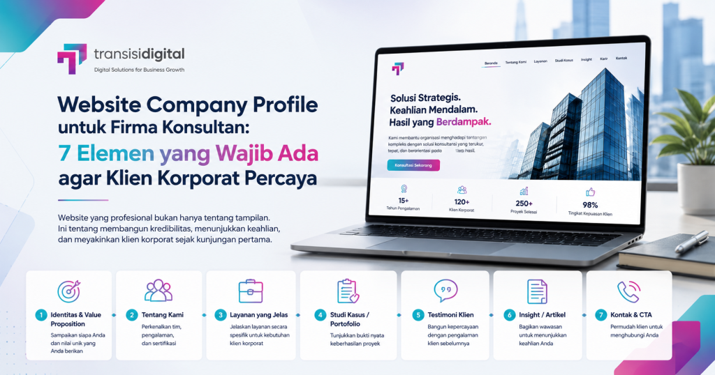 Infografis website company profile konsultan — 5 elemen kredibilitas oleh Transisi Digital