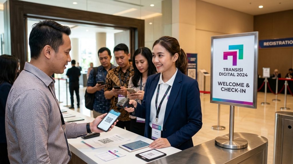 Ilustrasi proses check-in event dengan scan QR code sebagai representasi jasa pembuatan website event oleh Transisi Digital
