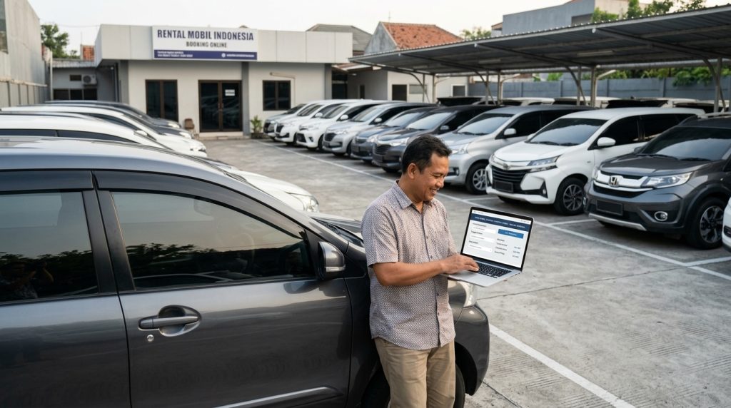 Pemilik usaha rental mobil menyerahkan kunci kepada penyewa, ilustrasi jasa pembuatan website rental mobil dari Transisi Digital