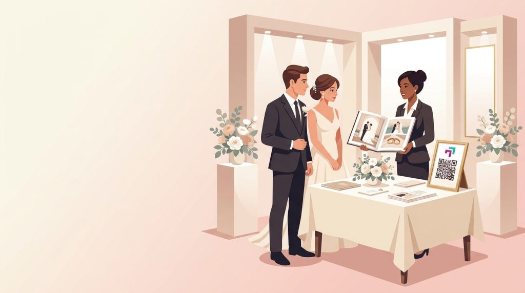 Ilustrasi booth vendor wedding dengan signboard QR code sebagai representasi jasa pembuatan website wedding oleh Transisi Digital