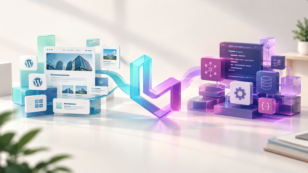 Ilustrasi perbandingan pendekatan WordPress dan Laravel untuk website perusahaan