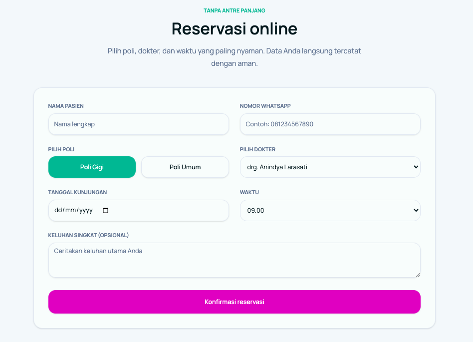 Contoh form reservasi online website klinik dengan pilihan poli, dokter, tanggal, dan waktu kunjungan