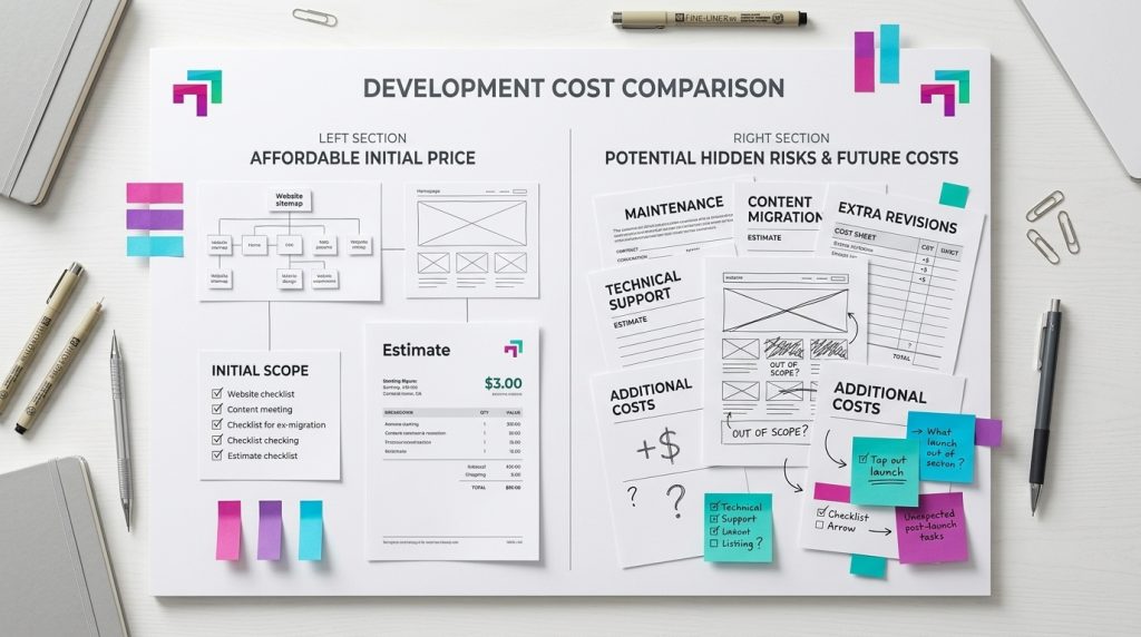 Pemilik usaha memeriksa rincian penawaran jasa pembuatan website murah bersama konsultan