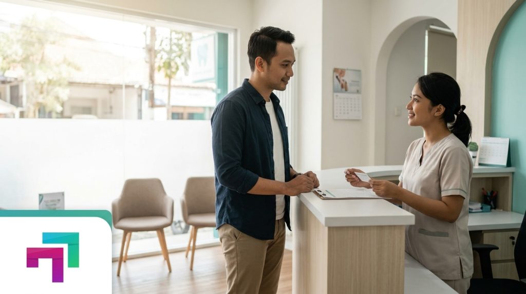 Resepsionis klinik melayani pasien sesuai jadwal reservasi online dari website klinik